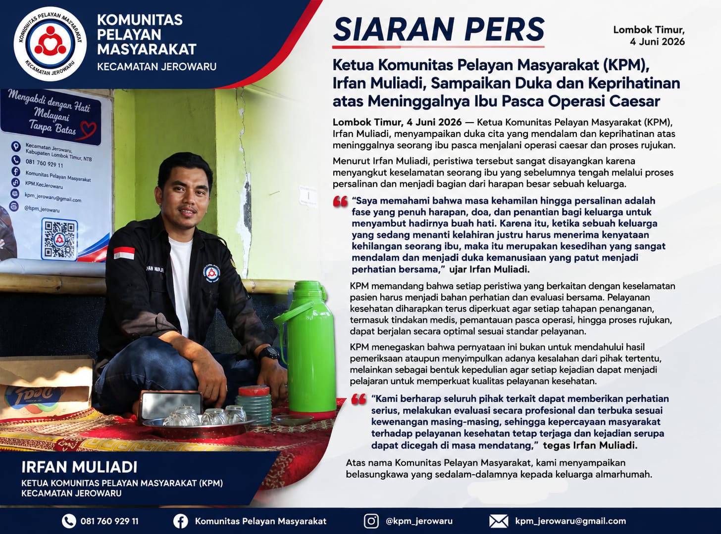 Ketua Komunitas Pelayan Masyarakat (KPM), Irfan Muliadi, Sampaikan Duka dan Keprihatinan atas Meninggalnya Pasien Pasca Operasi Caesar