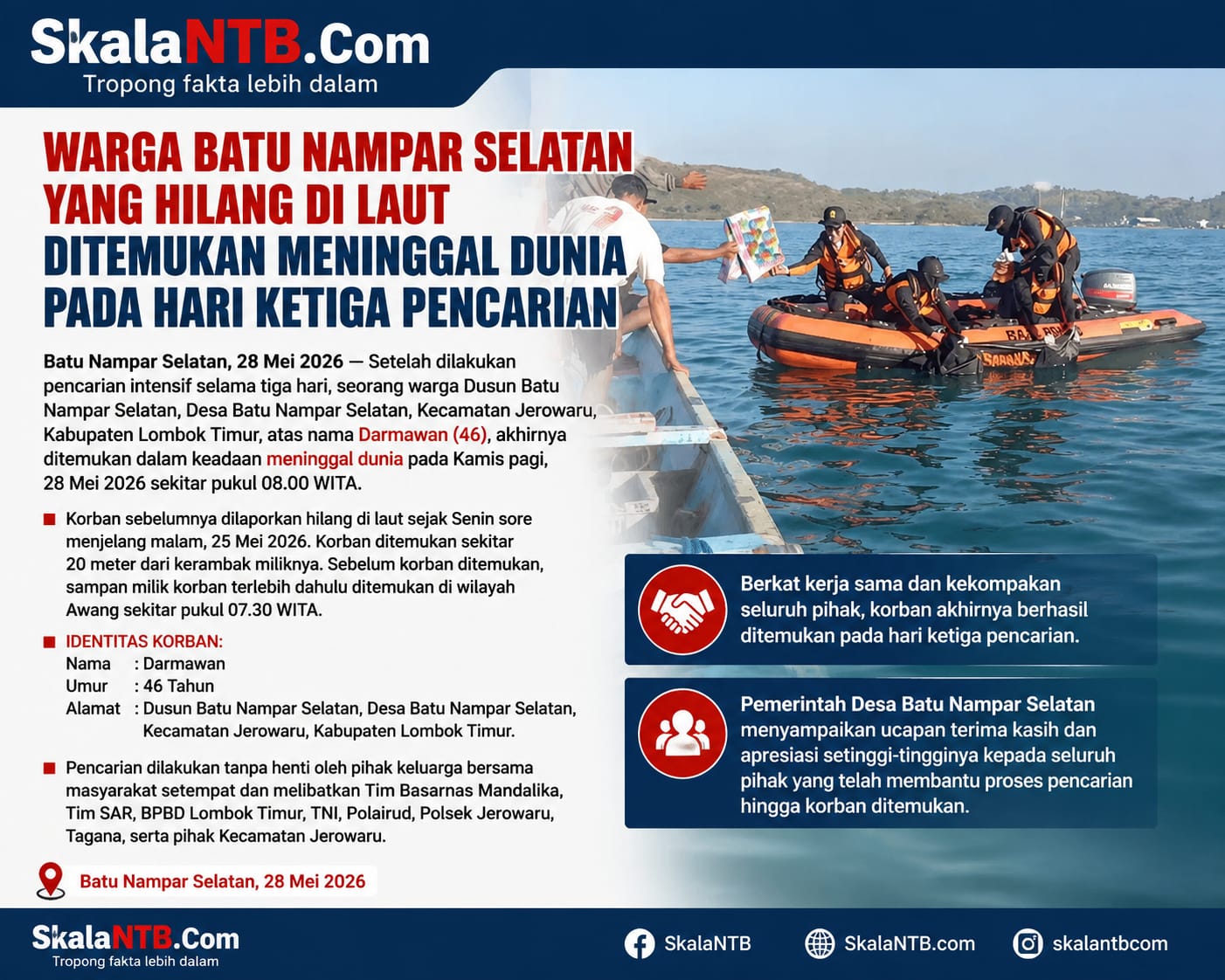 WARGA BATU NAMPAR SELATAN YANG HILANG DI LAUT DITEMUKAN PADA HARI KETIGA PENCARIAN