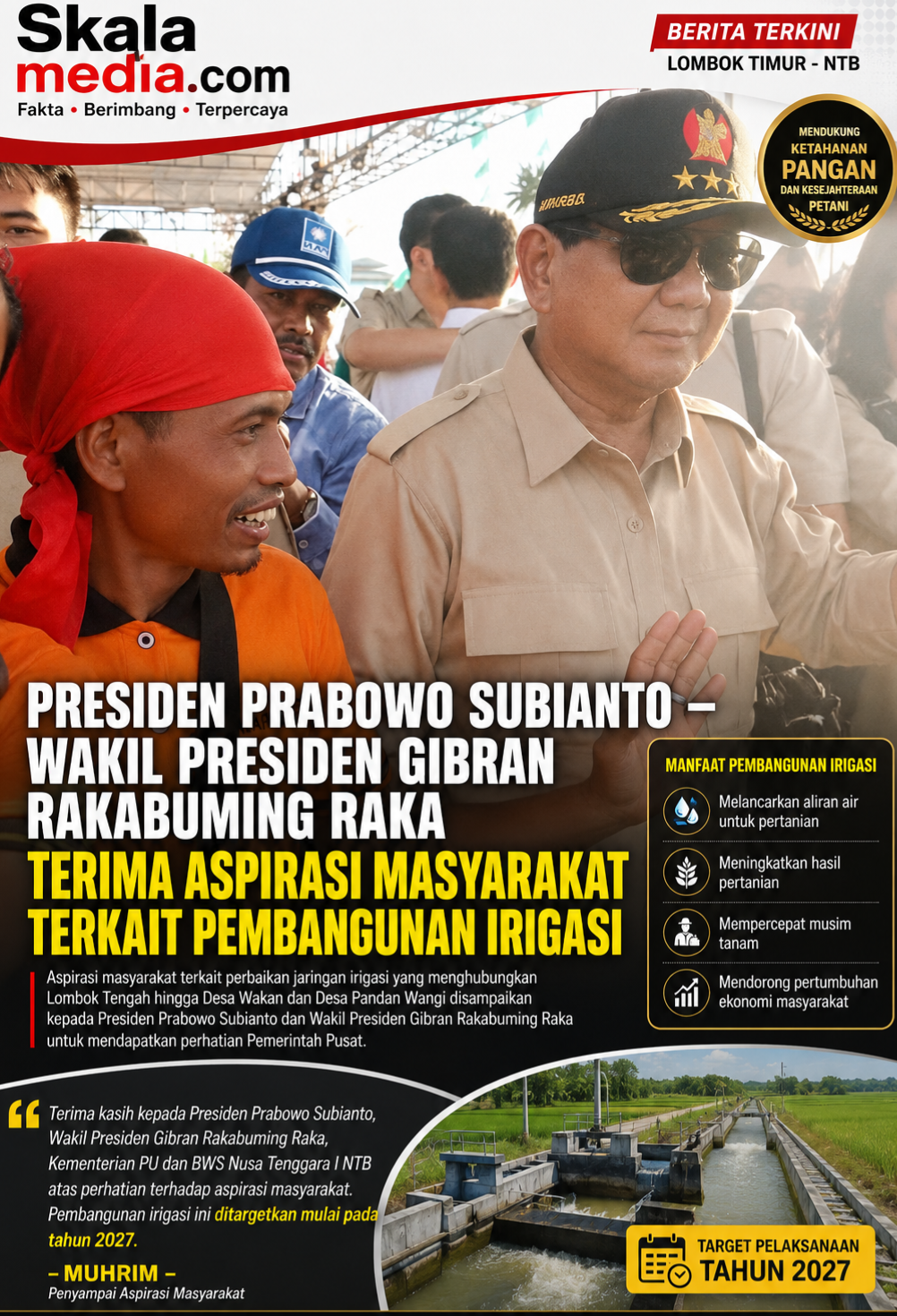 PRESIDEN PRABOWO SUBIANTO – WAKIL PRESIDEN GIBRAN RAKABUMING RAKA RESPON ASPIRASI MASYARAKAT TERKAIT PEMBANGUNAN IRIGASI
