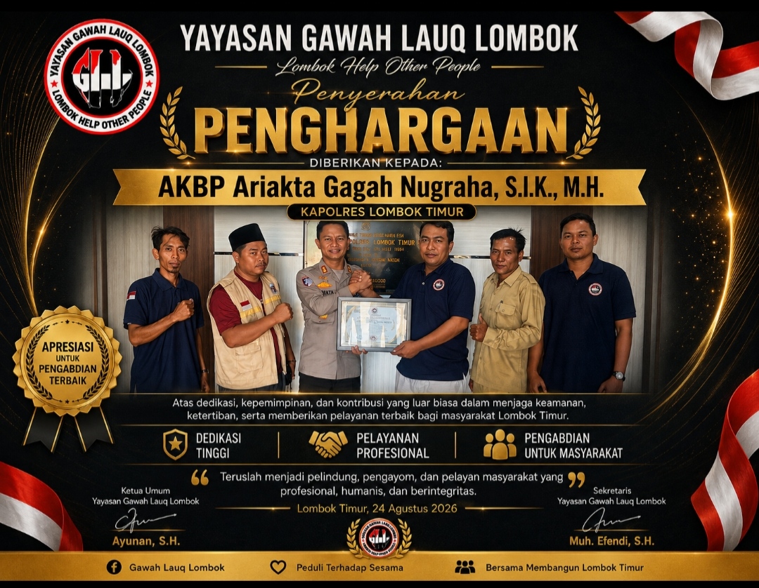 Pengabdian dan Pelayanan Humanis Jadi Sorotan, Gawah Lauq Lombok Beri Penghargaan kepada Kapolres Lombok Timur