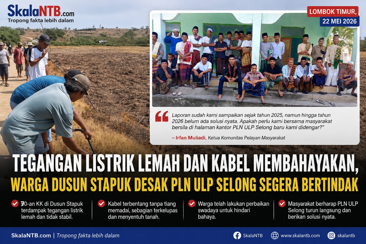 Tegangan Listrik Lemah dan Kabel Membahayakan, Warga Dusun Stapuk Desa Seriwe Desak PLN ULP Selong Segera Bertindak
